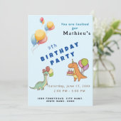 恐竜のダイナソーパーティー 誕生日 青い面白いデザイン 招待状 (スタンド正面)