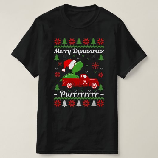 恐竜のティラノサウルス醜いクリスマスセーター Tシャツ (デザイン正面)