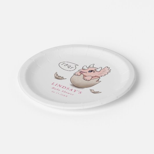 恐竜のテーマかわいいピンクのトリケラトプス赤ちゃんシャワー ペーパープレート (アングル)