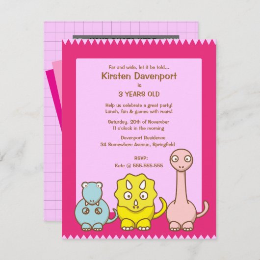 恐竜のテーマの女の子の誕生日のパーティの招待状 招待状 (正面/裏面)