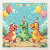 恐竜のテーマの誕生日おめでとう ガラスコースター (正面)