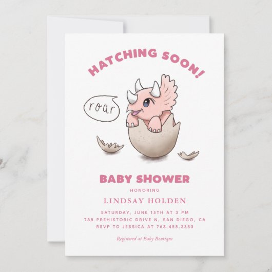恐竜のテーマピンクの赤ちゃんシャワーハッチング 招待状 (正面)