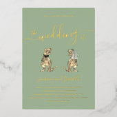 恐竜のテーマ結婚のセージ・グリーンと金ゴールド 箔招待状 (正面)