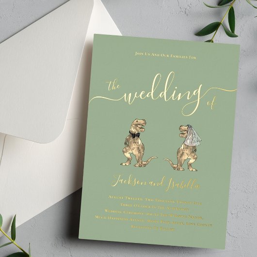 恐竜のテーマ結婚のセージ・グリーンと金ゴールド 箔招待状