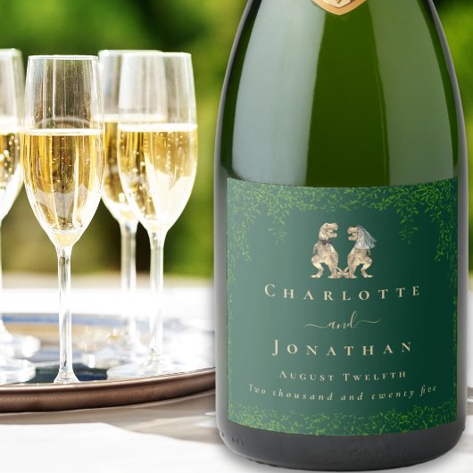 恐竜のテーマ結婚のダークグリーン スパークリングワインラベル