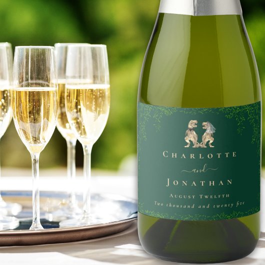 恐竜のテーマ結婚のダークグリーン スパークリングワインラベル