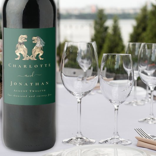 恐竜のテーマ結婚のダークグリーン ワインラベル