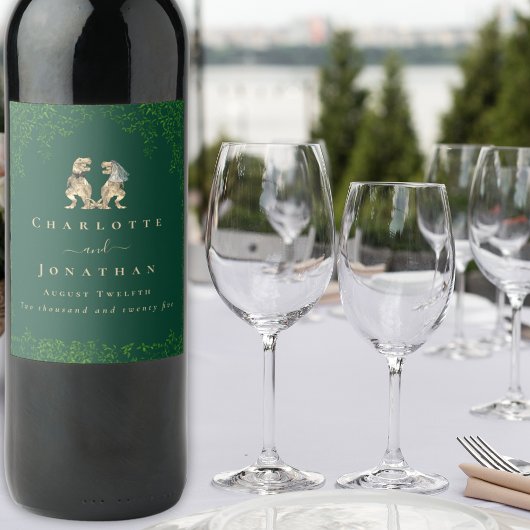 恐竜のテーマ結婚のダークグリーン ワインラベル