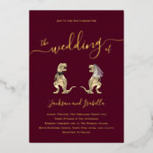 恐竜のテーマ結婚のブルゴーニュと金ゴールド 箔招待状 (正面)