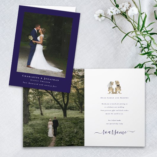 恐竜のテーマ結婚の写真ネイビーブルーホワイト サンキューカード