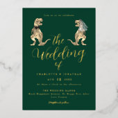 恐竜のテーマ結婚の緑と金ゴールド 箔招待状 (正面)