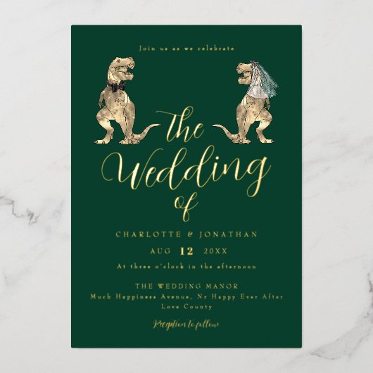 恐竜のテーマ結婚の緑と金ゴールド 箔招待状 (正面)