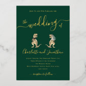 恐竜のテーマ結婚の緑と金ゴールド 箔招待状 (正面)