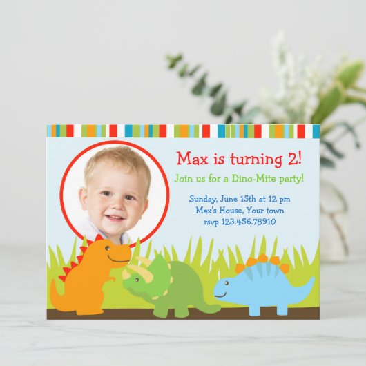 恐竜のディーノの写真のバースデーパーティ招待状 招待状 (スタンド正面)