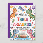 恐竜のトリケラサウルス３歳の誕生日パーティーＴ-Ｒｅｘ 招待状 (正面/裏面)