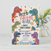 恐竜のトリケラサウルス３歳の誕生日パーティーＴ-Ｒｅｘ 招待状 (スタンド正面)