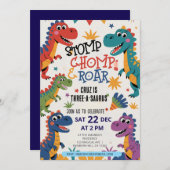 恐竜のトリケラサウルス３歳の誕生日パーティーＴ-Ｒｅｘ 招待状 (正面/裏面)