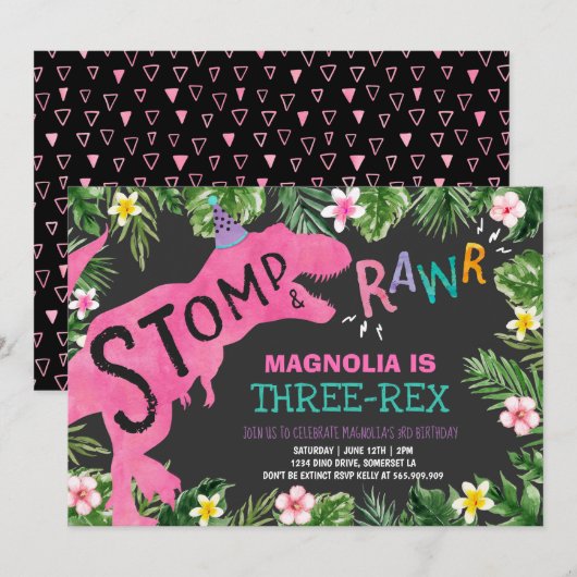 恐竜のトリプレックスの誕生日招待状 ガール ディノ 招待状 (正面/裏面)