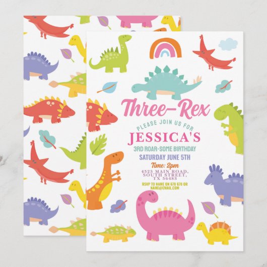 恐竜のトリプレックス かわいい女の子 ピンクパーティー 招待状 (正面/裏面)