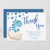 恐竜のネイビーブルーの赤ちゃんシャワーフラット サンキューカード (正面/裏面)
