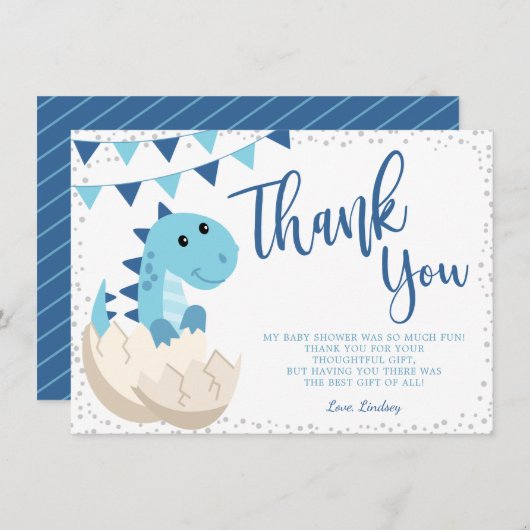 恐竜のネイビーブルーの赤ちゃんシャワーフラット サンキューカード (正面/裏面)