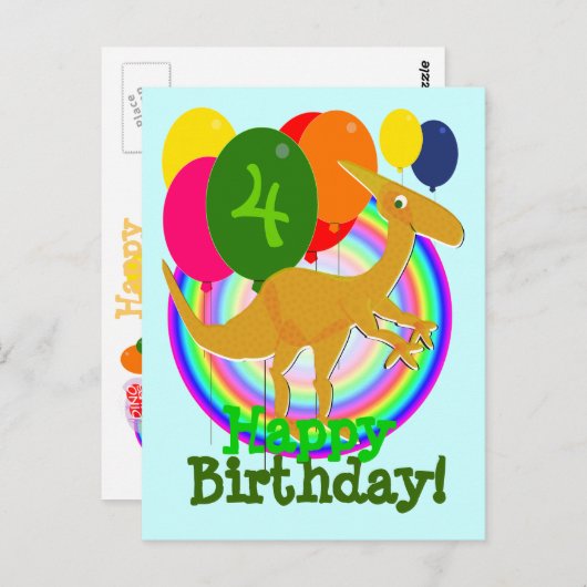 恐竜のハッピーバースデーは4郵便はがきを風船のようにふくらませます ポストカード (正面/裏面)