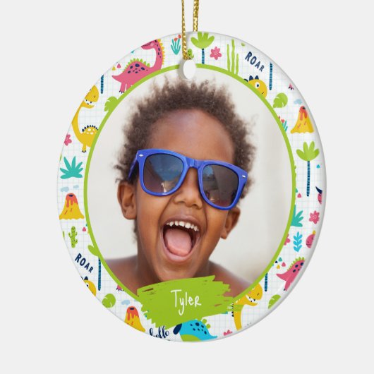 恐竜のパタカラフルーンの子供の名前フォトクリスマス セラミックオーナメント (左)