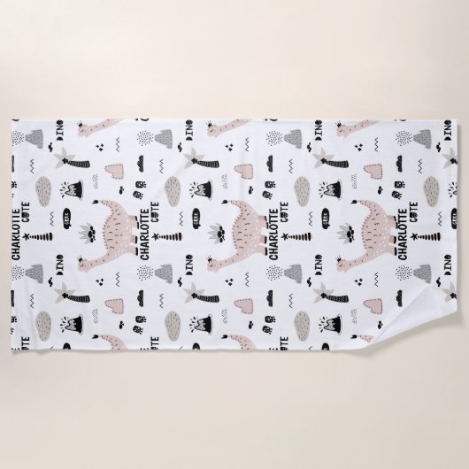 恐竜のパターンと名前をカスタムする ビーチタオル (正面)