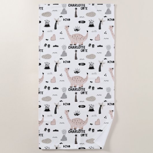 恐竜のパターンと名前をカスタムする ビーチタオル (正面)