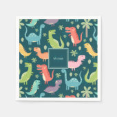 恐竜のパターン青いモノグラムの子供の少年パーティー スタンダードカクテルナプキン (正面)