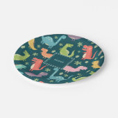 恐竜のパターン青いモノグラムの子供の少年パーティー ペーパープレート (アングル)