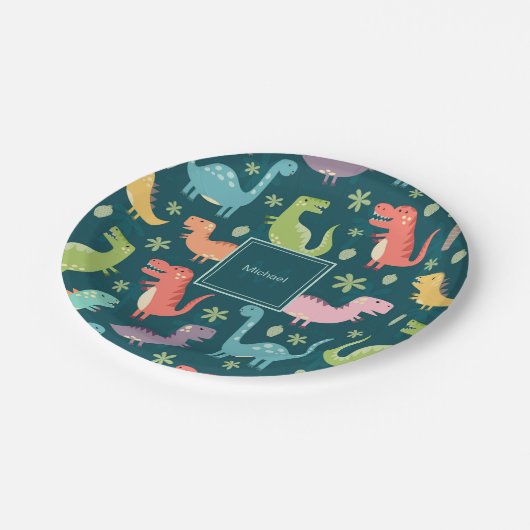 恐竜のパターン青いモノグラムの子供の少年パーティー ペーパープレート (アングル)