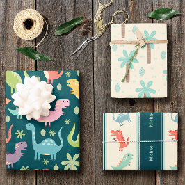 恐竜のパターン青いモノグラムの子供の少年パーティー ラッピングペーパーシート