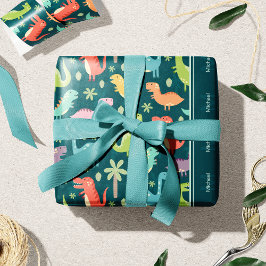 恐竜のパターン青いモノグラムの子供の少年パーティー ラッピングペーパー