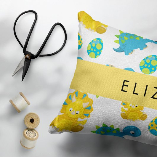 恐竜のパターン、可愛い恐竜、あなたの名前 アクセントクッション