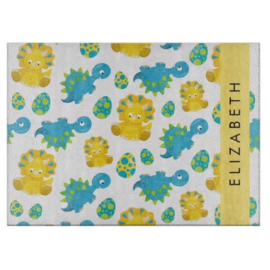 恐竜のパターン、可愛い恐竜、あなたの名前 カッティングボード (正面)