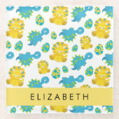 恐竜のパターン、可愛い恐竜、あなたの名前 ガラスコースター (正面)