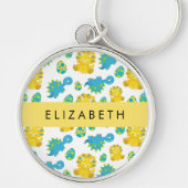 恐竜のパターン、可愛い恐竜、あなたの名前 キーホルダー (正面)