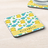 恐竜のパターン、可愛い恐竜、あなたの名前 コースター (左側)