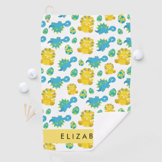 恐竜のパターン、可愛い恐竜、あなたの名前 ゴルフタオル (インサイチュ)