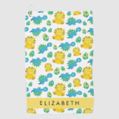 恐竜のパターン、可愛い恐竜、あなたの名前 ゴルフタオル (正面)