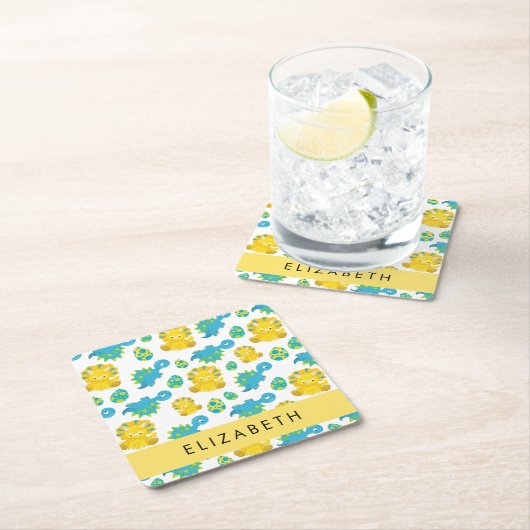 恐竜のパターン、可愛い恐竜、あなたの名前 スクエアペーパーコースター (インサイチュ)