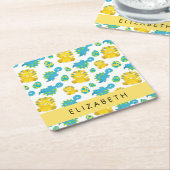 恐竜のパターン、可愛い恐竜、あなたの名前 スクエアペーパーコースター (アングル)