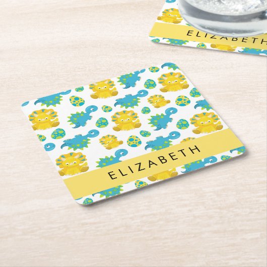 恐竜のパターン、可愛い恐竜、あなたの名前 スクエアペーパーコースター (アングル)