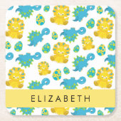 恐竜のパターン、可愛い恐竜、あなたの名前 スクエアペーパーコースター (正面)