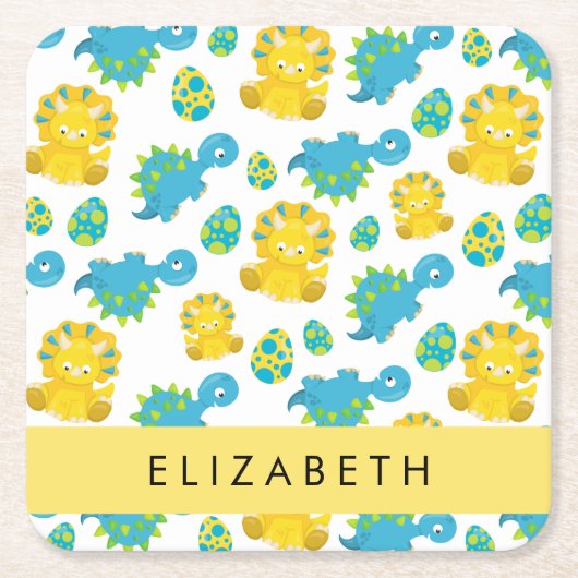 恐竜のパターン、可愛い恐竜、あなたの名前 スクエアペーパーコースター (正面)