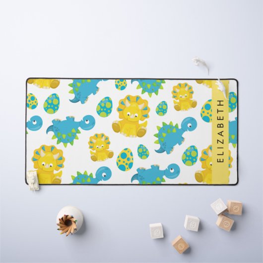 恐竜のパターン、可愛い恐竜、あなたの名前 デスクマット (キッズテーブル)