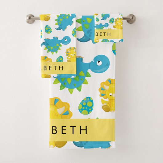 恐竜のパターン、可愛い恐竜、あなたの名前 バスタオルセット (インサイチュ)