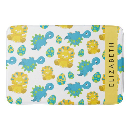 恐竜のパターン、可愛い恐竜、あなたの名前 バスマット (正面)