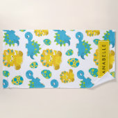 恐竜のパターン、可愛い恐竜、あなたの名前 ビーチタオル (正面)